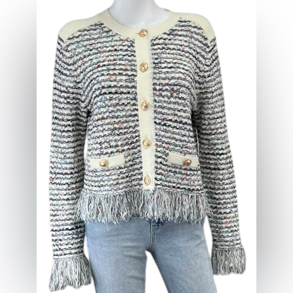 MILLY Tweed Fringe Trim Sweater Cardigan Jacket Size L